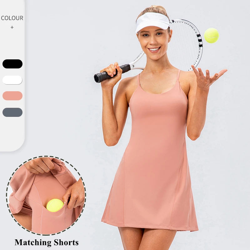 Women's Tennis Dress Exercise Workout Criss-Cross Back Dresses With Shorts Casual Pickle Ball Wear Dress