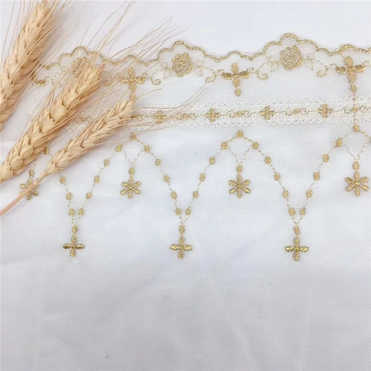 Direct Factory Sale of High-Grade New Spot Gold Thread Lace Gauze Embroidery for Bridal Garments and Bags Star Cross Design