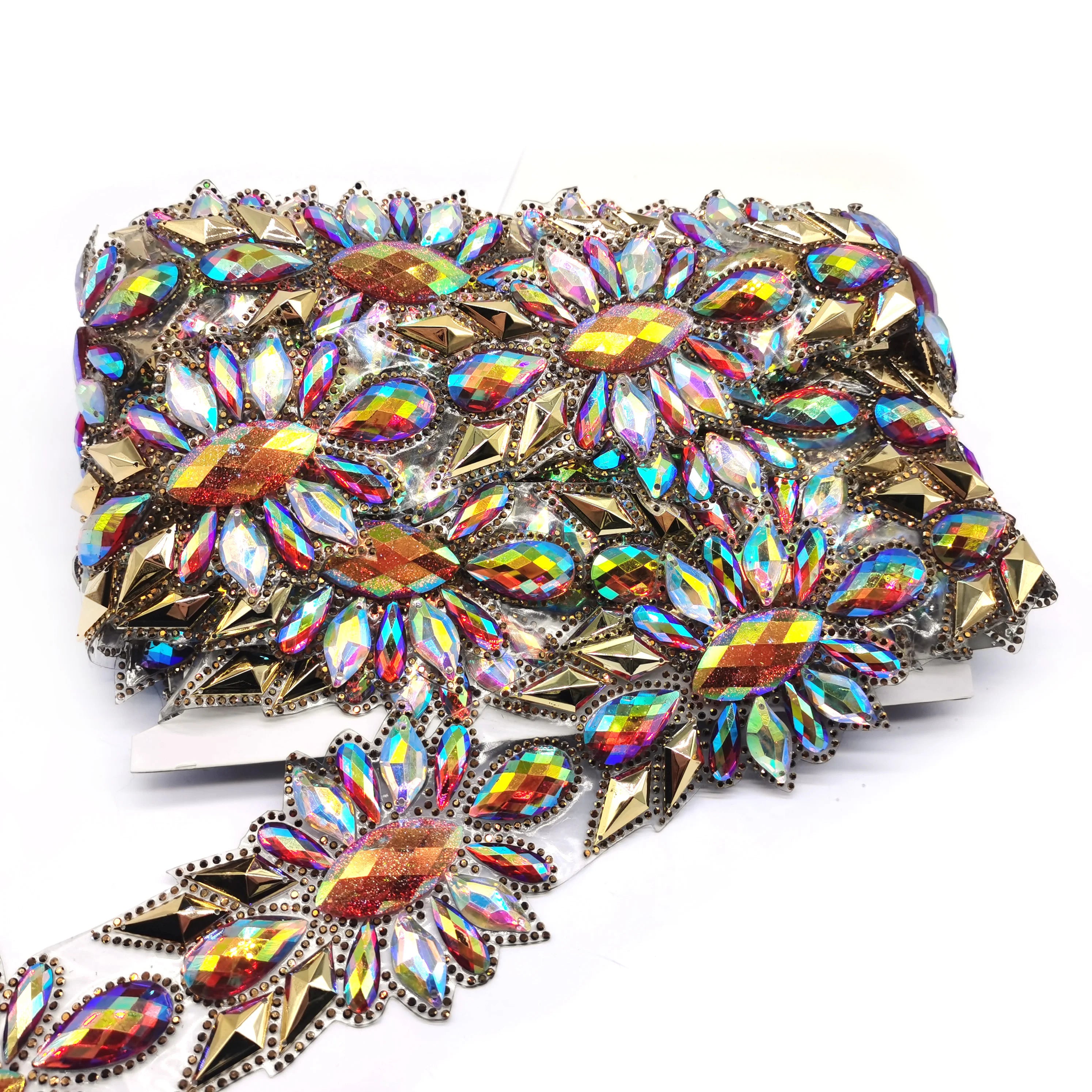 Custom Carnival Costumes Resin Rhinestone Trimming Red AB Hot Fix Rhinestone Trimming Chain Iron on Appliques Trims