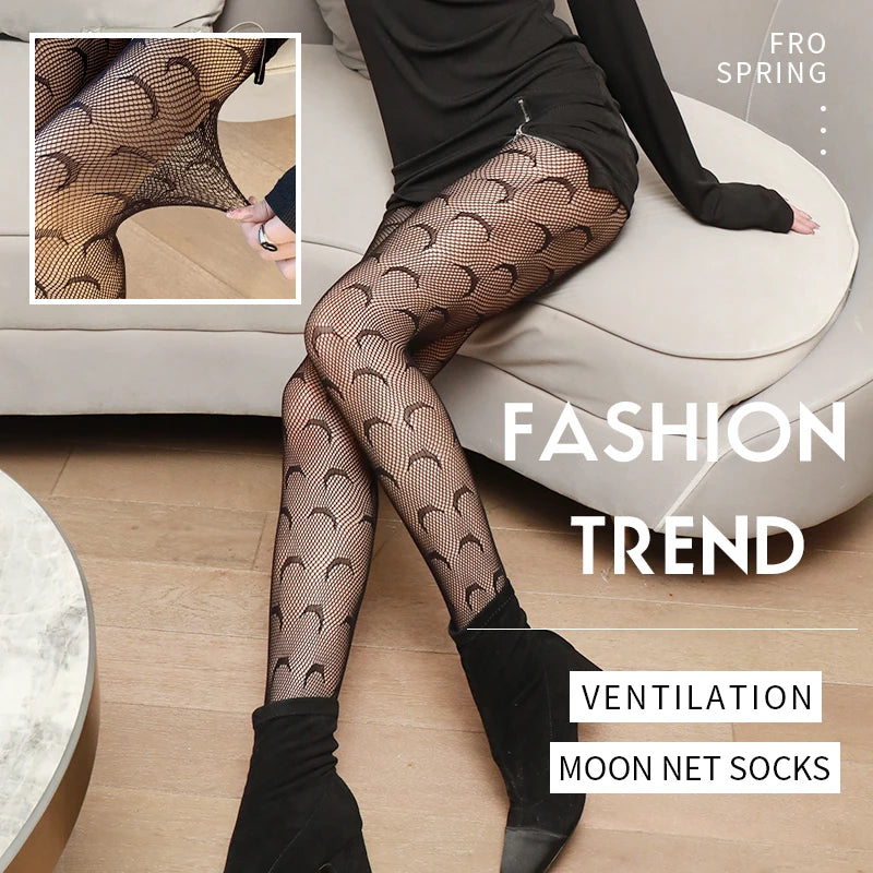 Wholesale Transparent Knitted Black Moon Pattern Women's Lace Long Stockings Japanese Lolita Style Sheer Mesh Mid-Calf