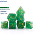 Jingyuan Factory Supplier Polyhedral Handmade Resin & Natural Stone D&D Green Gemstone 7-Piece Dice Set for RPG Table Games
