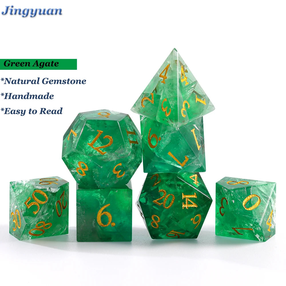 Jingyuan Factory Supplier Polyhedral Handmade Resin & Natural Stone D&D Green Gemstone 7-Piece Dice Set for RPG Table Games