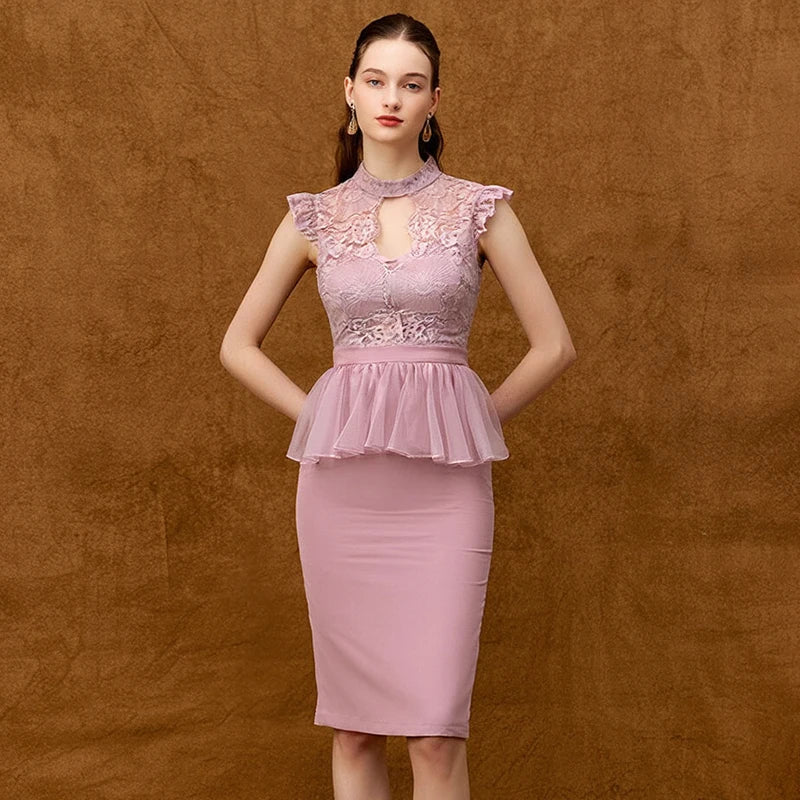ZYHT 20377 New Fashion Sleeveless Ruffle Trim Bodycon Summer Ladies Dresses Office Women Elegant Casual Lace Dress