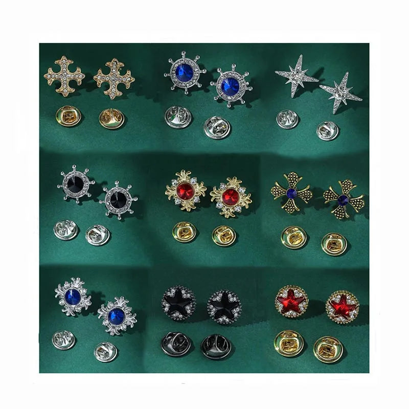 Retro Fashion Ornament Men's Jewelry Crystal Rhinestones Collar Pin Brooch Small Geometric Designer Statement Lapel Pin Brooches