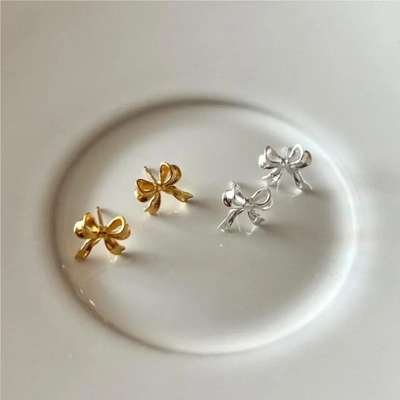 Bijoux Fashion 925 Sterling Silver Gold Hollow Bowknot Stud Earrings for Women