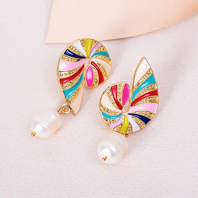 Creative Women Gold Plated Baroque Pearl Earrings Colorful Oil Dripping Conch Shaped Stud Earrings Fine Jewelry