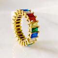 New Arrival Christmas Jewelry Colorful CZ Band Ring Stainless Steel 18K Gold Plated Rectangle Rainbow Zircon Stone Stacking Ring