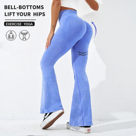 Custom Logo Seamless Acid Wash Flare Yoga Workout Leggings Women Sexy Gym Fitness Pant Push up High Waist Scrunch Butt Leggings