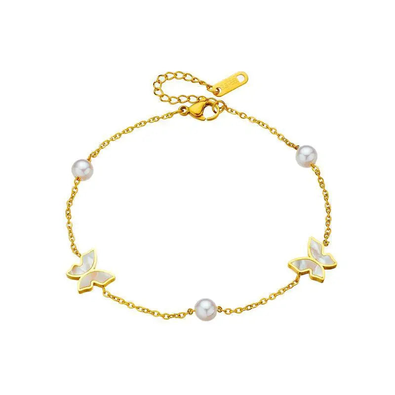 Nabest 18K Gold Plated Stainless Steel Bracelet for Women Waterproof Pearl Bead Butterfly Shell Pearl Charm Trendy Anniversary