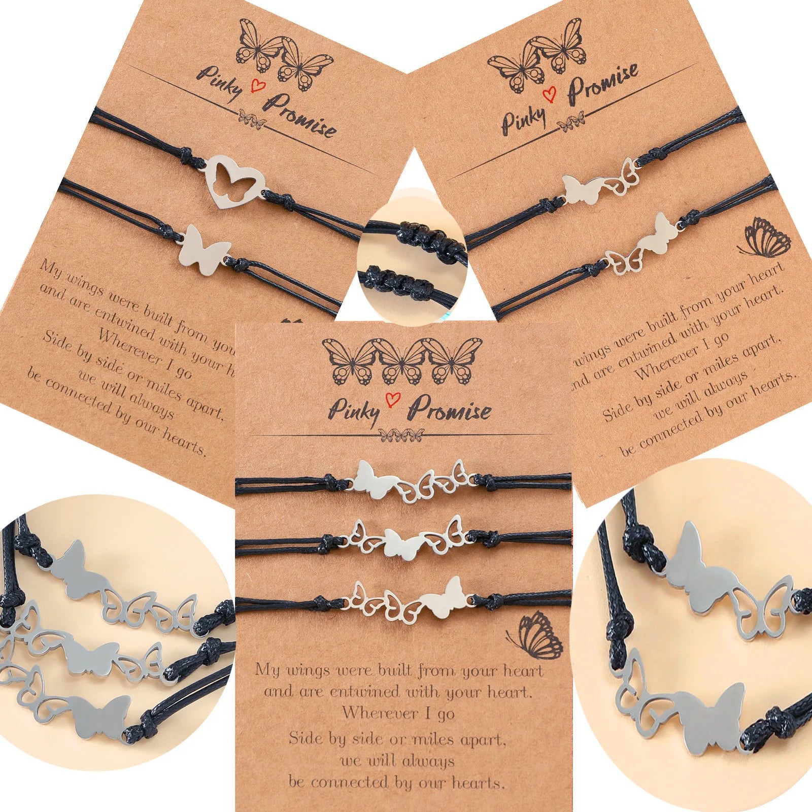 2pcs Set Pinky Promise Black Rope Hollow Heart Butterfly Couple Bracelet Stainless Steel Butterfly Friendship Bracelet with Card