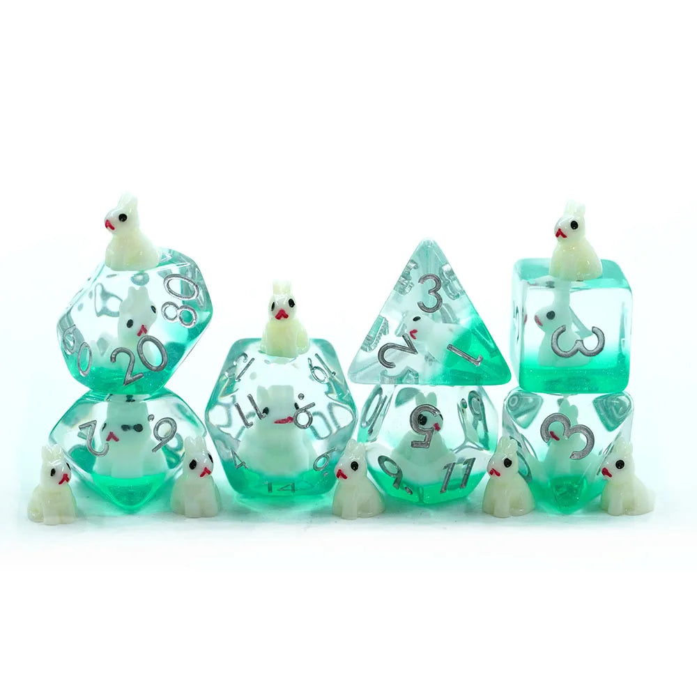 Custom 7-Piece Polyhedral Resin Teal with White Rabbit Design Inside Dice Set for DND Board Game