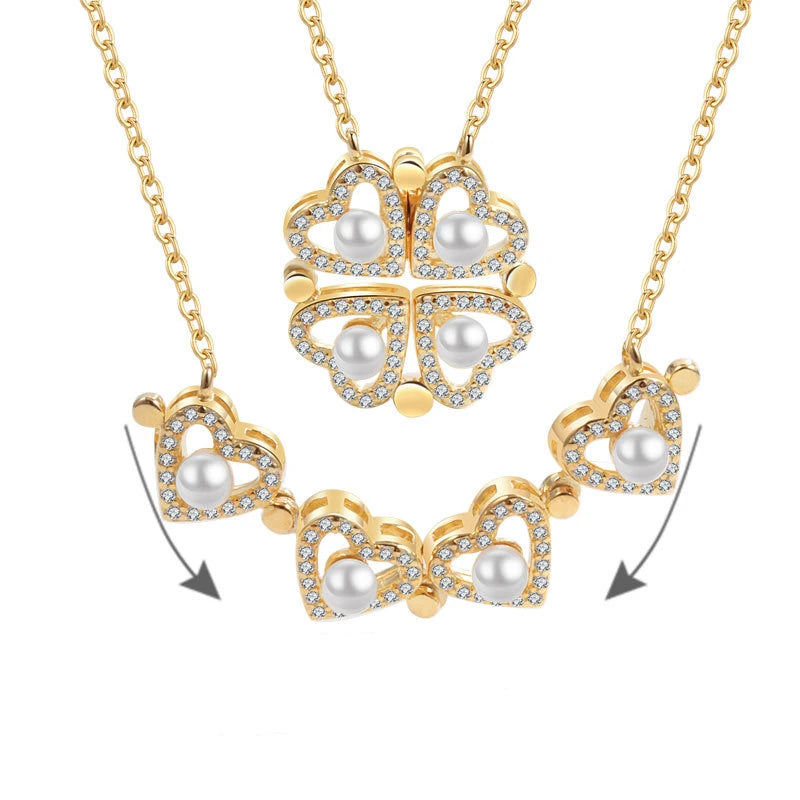 Daidan Fine Jewelry Sterling Silver Clover Heart Zirconia Dainty Clover Shell Pearl Magnetic Heart Necklaces