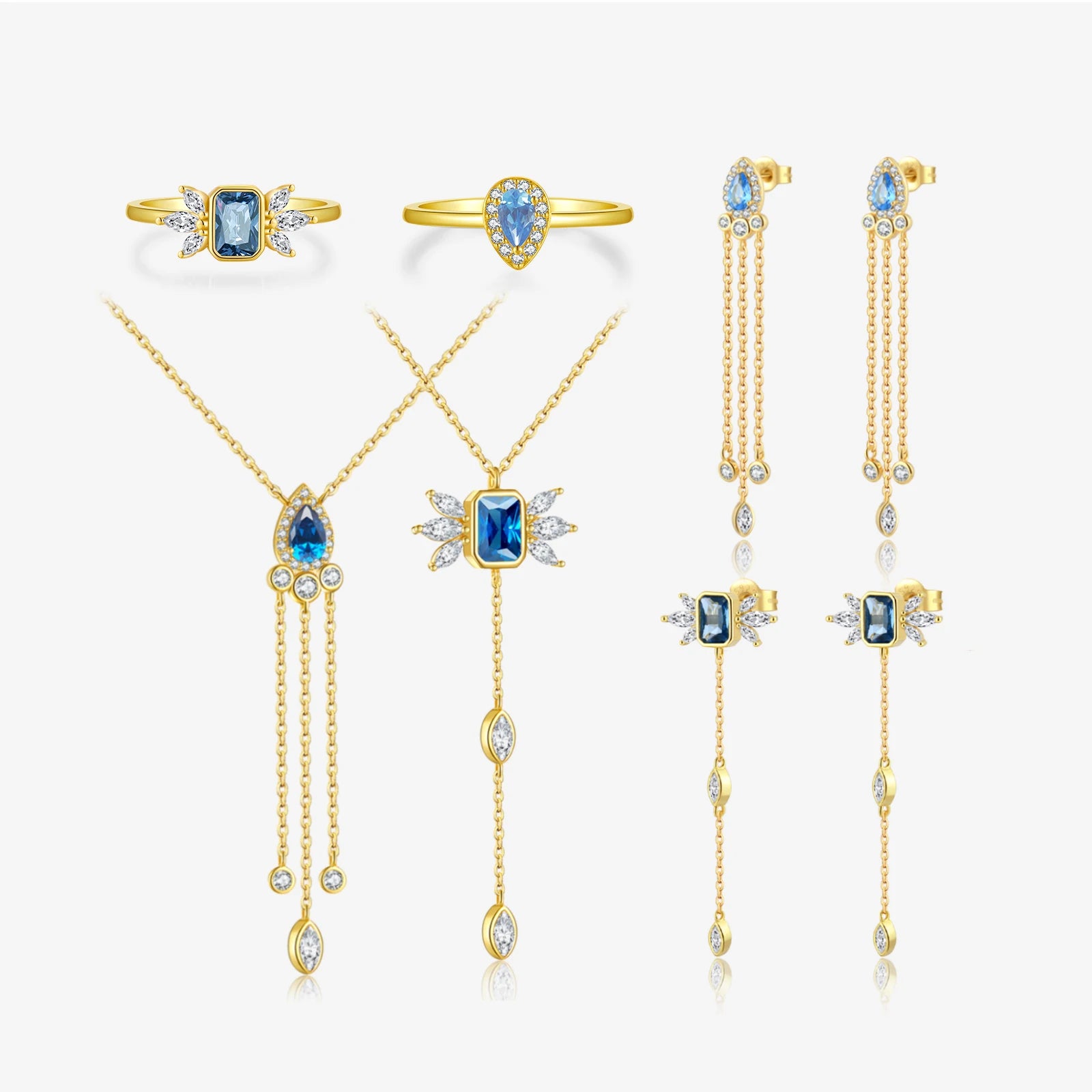 FUAMAY Jewelry Sets 18k Gold Plated Dark Blue Geometric Square Diamond Angel Wings Necklaces Rings Earrings Woman Jewelry Sets