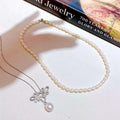 Two-wear Pendant Necklace Freshwater Pearl AAAA Grade Rice Shape Chinese Knot Design Women's Trendy Platinum Plated 6-7mm 9-10mm