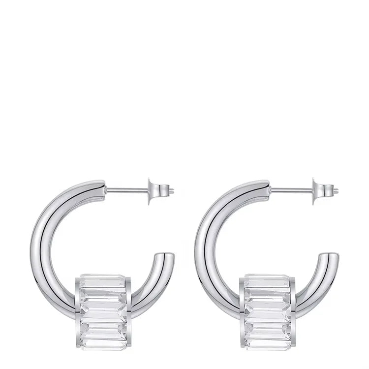 High Quality 18K Gold Plated Stainless Steel Jewelry C Shaped Diamond Encrusted Cylinder Earrings E201220