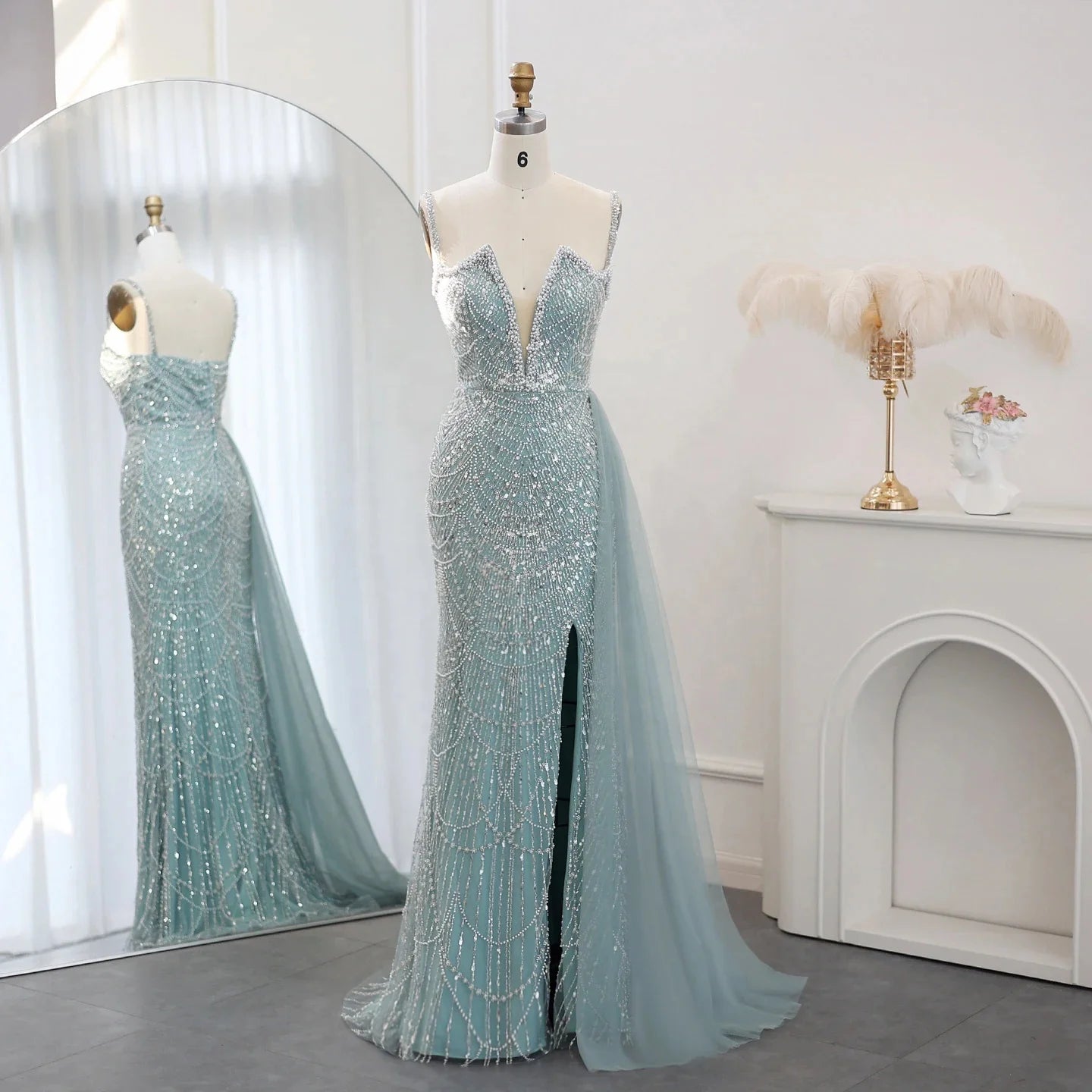 Jancember SZ311 Luxury Sleeveless Pearls V-neck Mermaid Evening Formal Gowns
