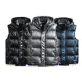 Men's Casual Winter Sleeveless Hooded Quilted Puffer Vest Zipper Fluffy Ultralight Shiny Duck Waterproof Breathable Print