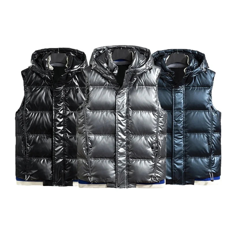 Men's Casual Winter Sleeveless Hooded Quilted Puffer Vest Zipper Fluffy Ultralight Shiny Duck Waterproof Breathable Print
