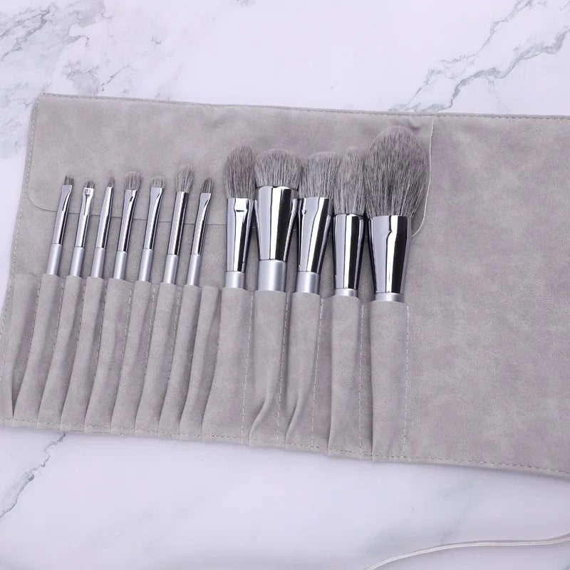 Private Label Luxury Silver Vegan 12-Piece Professional Face Makeup Brush Set with Concealer and Bag