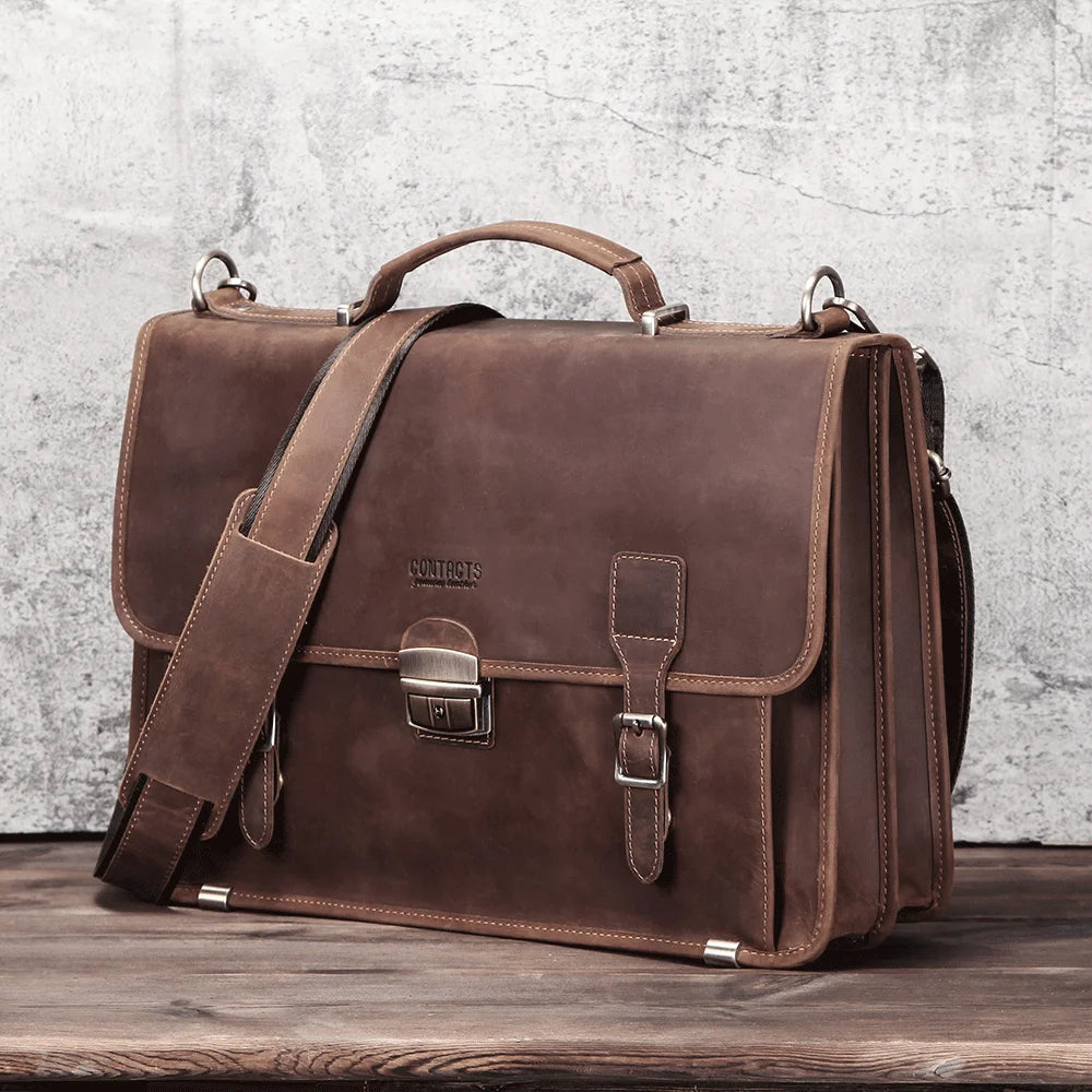 Contact's Vintage Brown Leather Travel Briefcase for Men 14.2'' Laptop Briefcase With Multi-Compartment & Pen Phone Slots