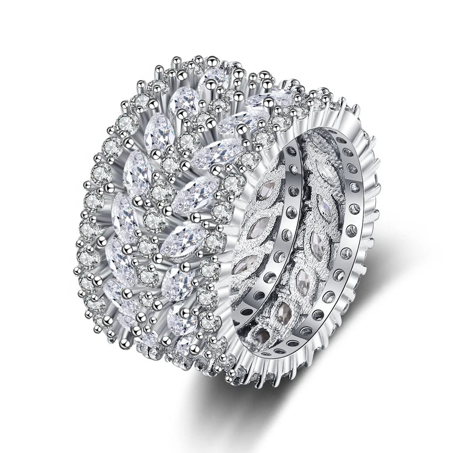 Hiphop 4 Row Iced Out CZ Diamond Silver Plated Band Inlaid Full Pave Micro Round Cubic Zirconia Rings for Women Men Jewelry Gift
