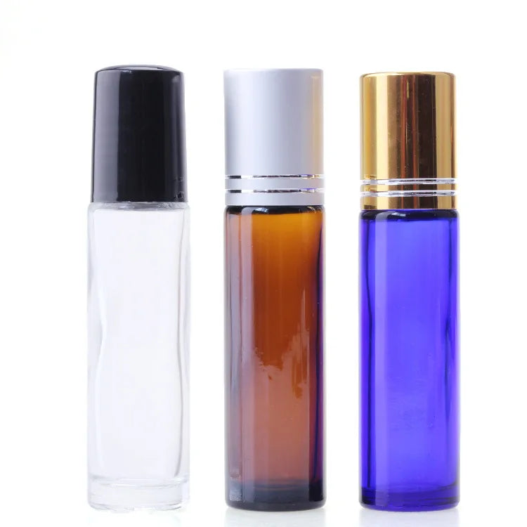 10ml Clear/amber/blue Refillable Glass Roll on Bottle With Sliver/black/gold Cap Essential Oil Perfume Bottle