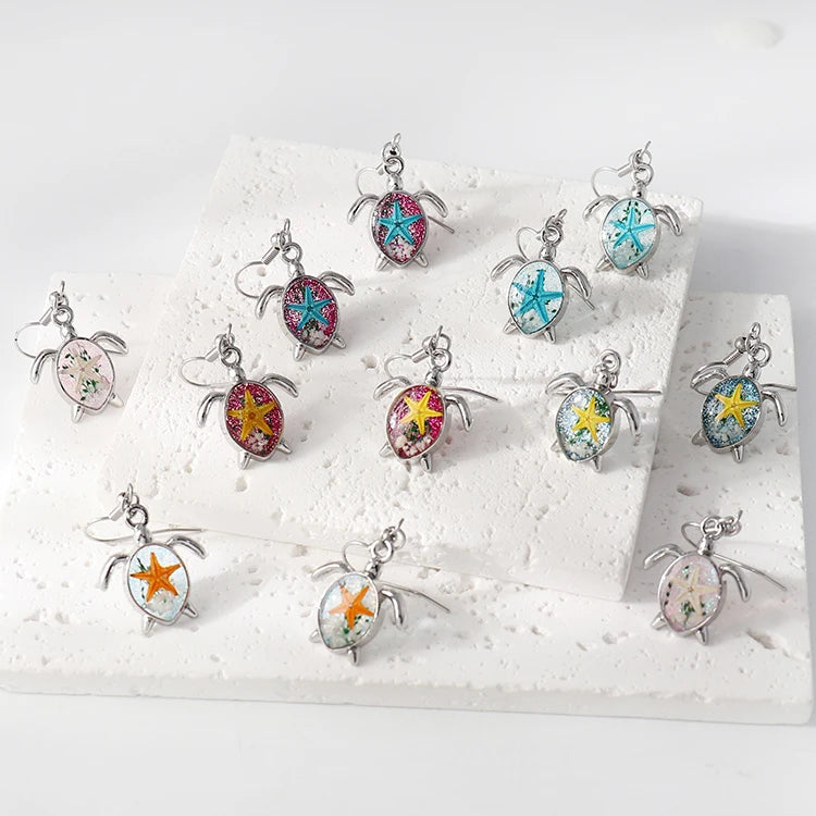 Tiny Sea Turtle Earrings for Women Lovely Animal Dangle Drop Earrings Starfish Hook Hoop Earring for Travel Souvenir Gift