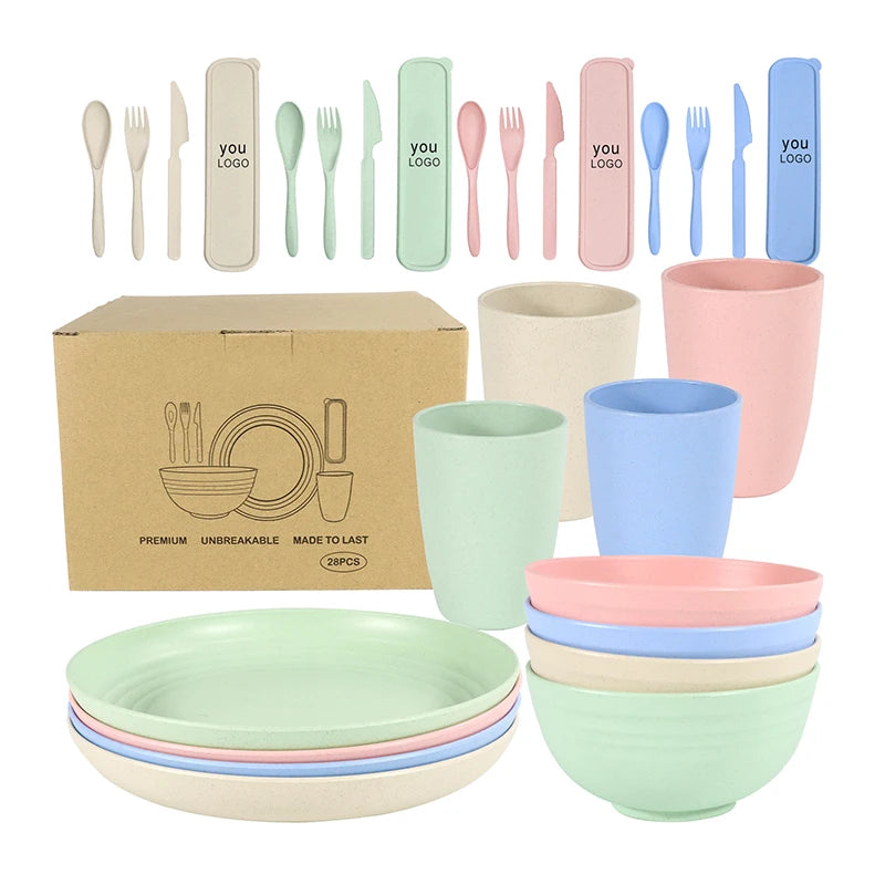 16pcs/set Tableware Eco Friendly Degradable Plates Cup Dinner Set Wheat Straw Cutlery Dinnerware Sets Plates & Dishes