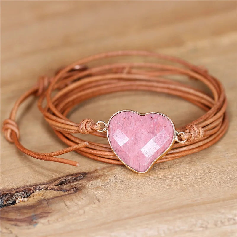Wrap Bracelet for Women Friendship Gift Wholesale Dropshipping Popular Jewelry Faceted Rhodonite Stone Vintage Pink Trendy Heart