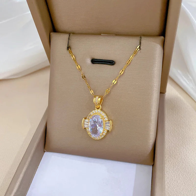 Titanium Steel Oval Zircon Light Luxury Full Diamond Necklace Charm Collar Chain for Women Wedding Stainless Steel Jewelry