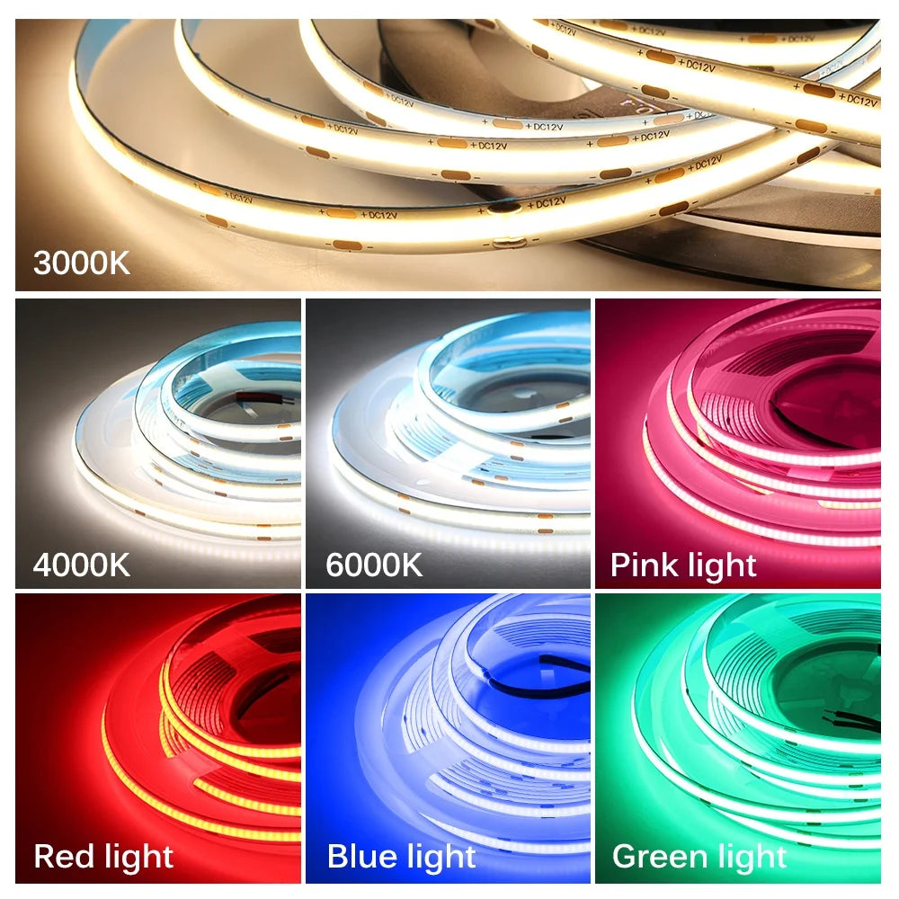 Spotless Copper COB LED Strip 24V High Density 480 LEDs/m 5m Flexible Voice Control RGB Light White/Red/Blue/Green Landscape