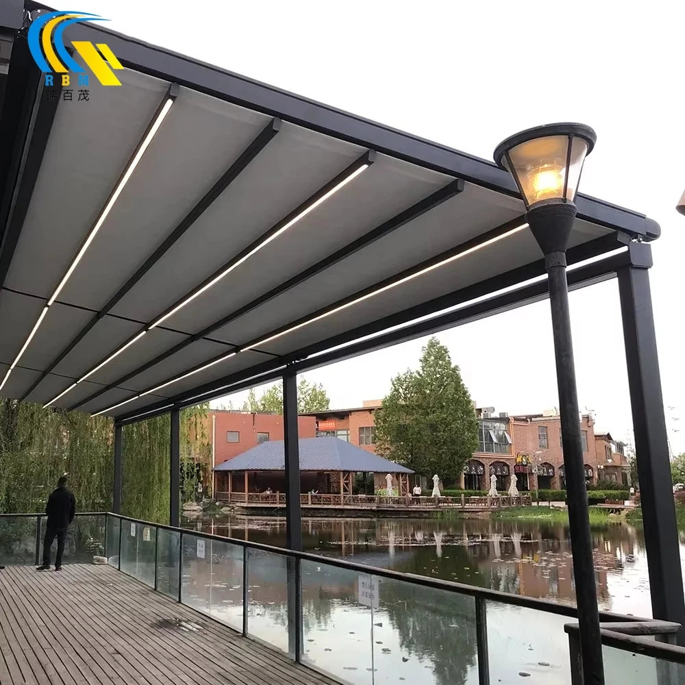 Retractable PVC Pergola Motorized LED Light Pergola for Outdoor Shade PVC Fabric Folding Roof Pergola