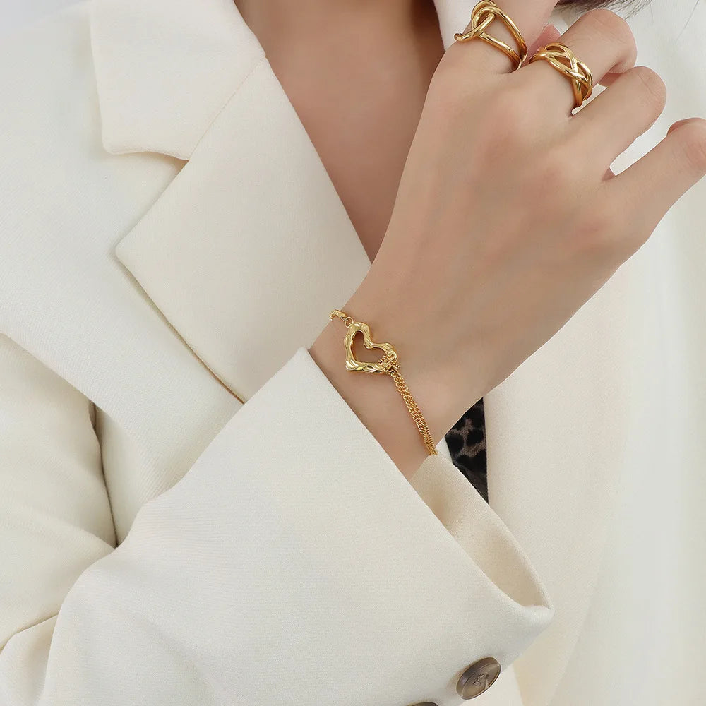 Dainty bracelets 2022 double layer link gold stainless steel bead heart bangle bracelet femme