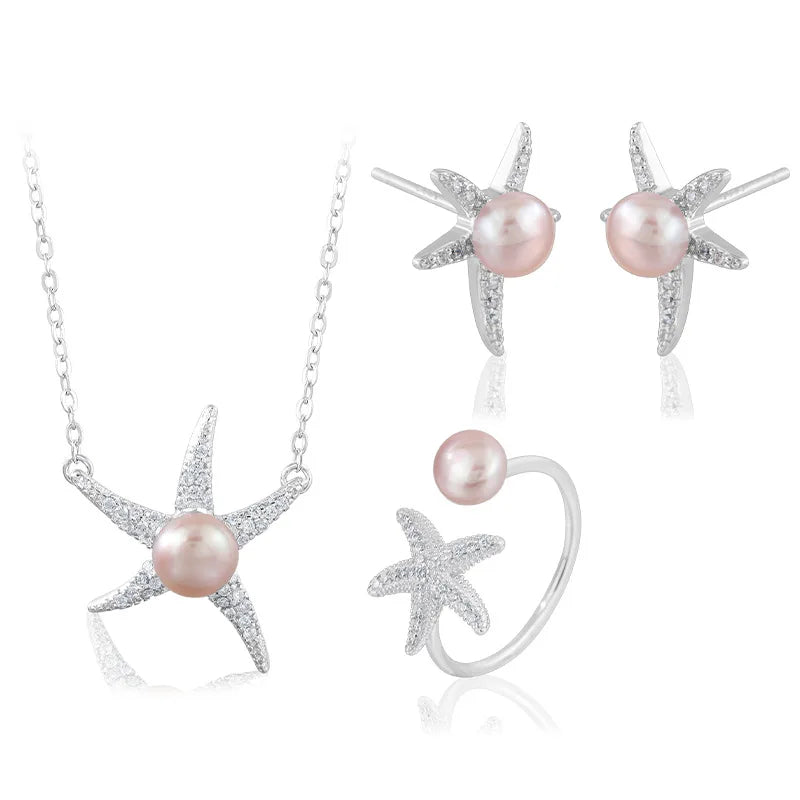 Daidan Silver Jewelry Set 925 Sterling Women Starfish Fine Silver Dainty Cz Zircon Fresh Water Pearls Jewelry Set