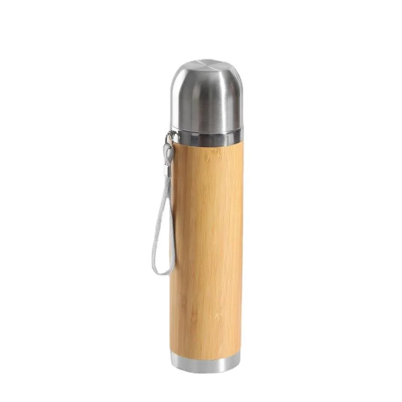 Get-Fit 500ml Natural Bamboo Travel Coffee Cups Stainless Steel Water Bottle with Direct Drinking Feature for Gym Outdoor Sports