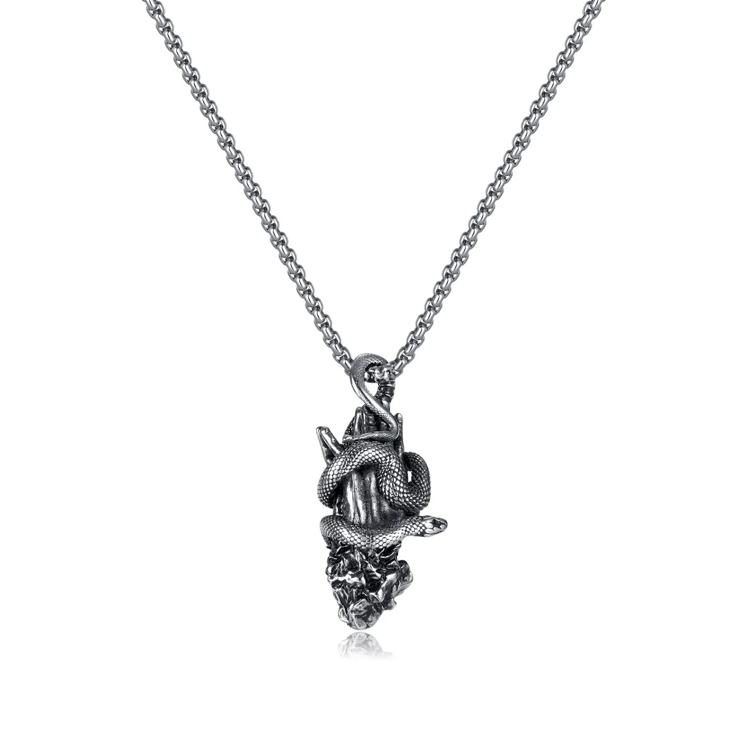 Antique Style Vintage Stainless Steel Twisted Snake Prayer Pendant Necklace