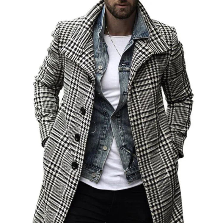 Fashion Winter Men Jacket Overcoat Warm Clothes Outwear Long Button Cardigan Plaid Print Blends Male Oversized Loose Coat