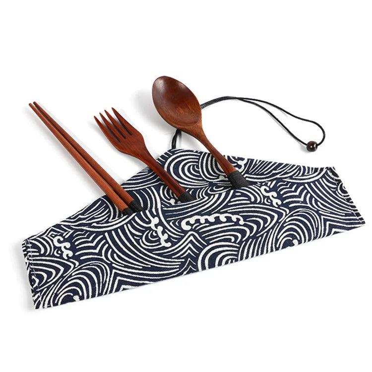 Japanese Style Student Portable Tableware Wooden Chopsticks Fork Spoon Travel Cutlery Set With Cloth Bag