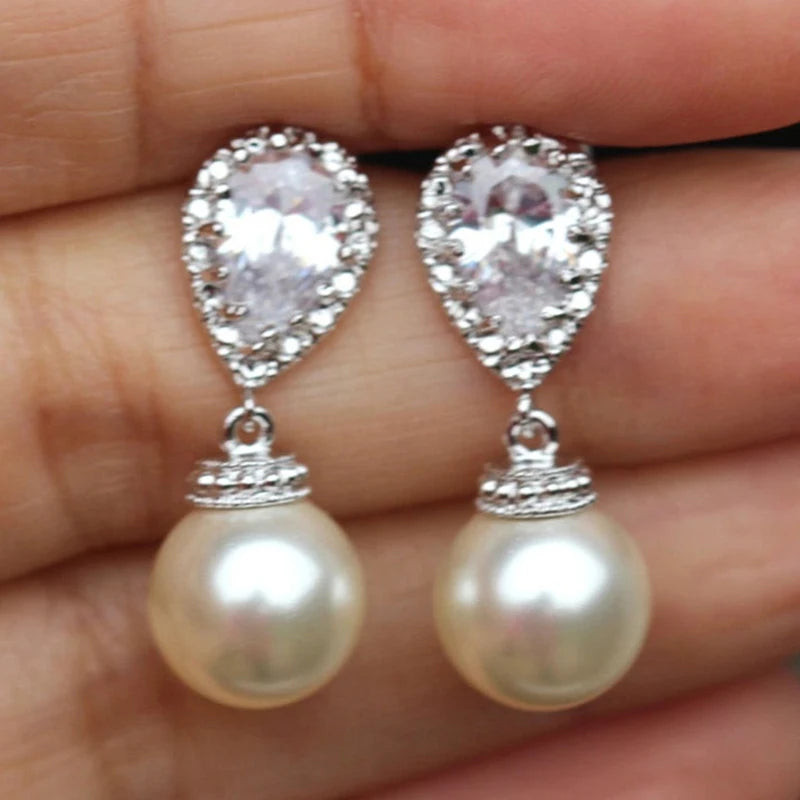 CAOSHI Fancy Women Silver Plated Teardrop Crystal Zirconia Earrings Wholesale Daily Causal Pearl Dangle Pendant Earrings