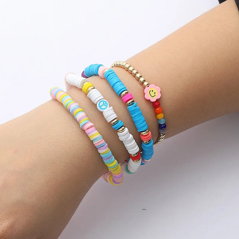 24 Colors Soft Polymer Poly Clay Acrylic Plastic Bead Beaded Bracelet Stackable Bracelets Set 4pcs Handmade Jewelry for Women