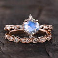 Rose Gold Plating 925 Sterling Silver Leaf Flower Round Cut Moonstone Wedding Rings
