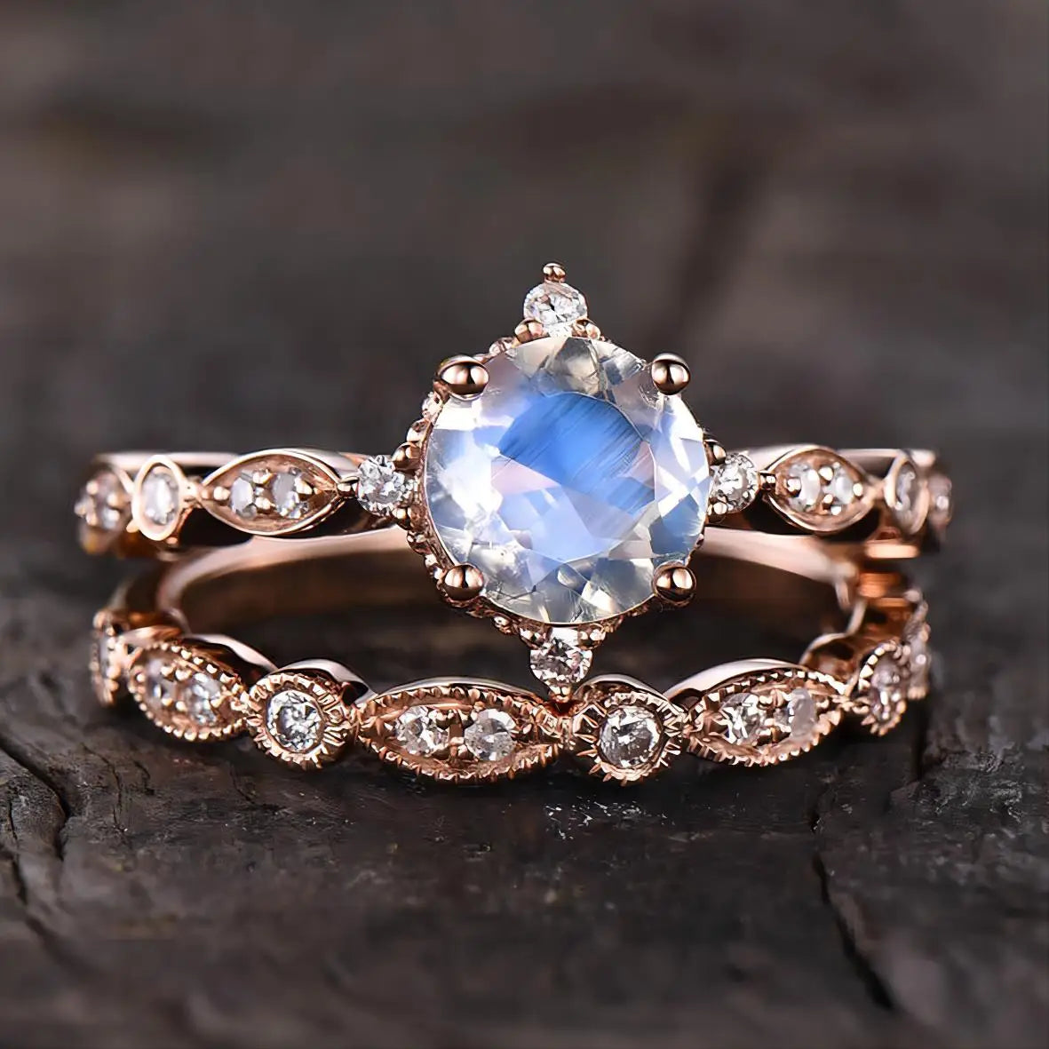 Rose Gold Plating 925 Sterling Silver Leaf Flower Round Cut Moonstone Wedding Rings