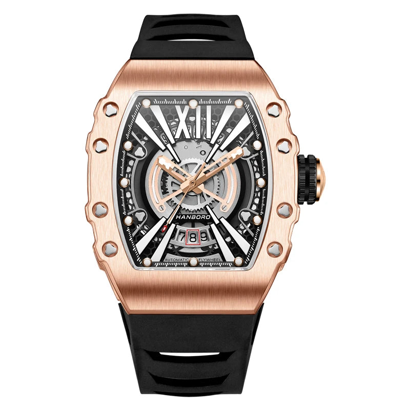 HANBORO East Rise Series Men's Automatic Mechanical Watch Square Pointer Stainless Steel 5BAR Water Resistant Luminous Rubber