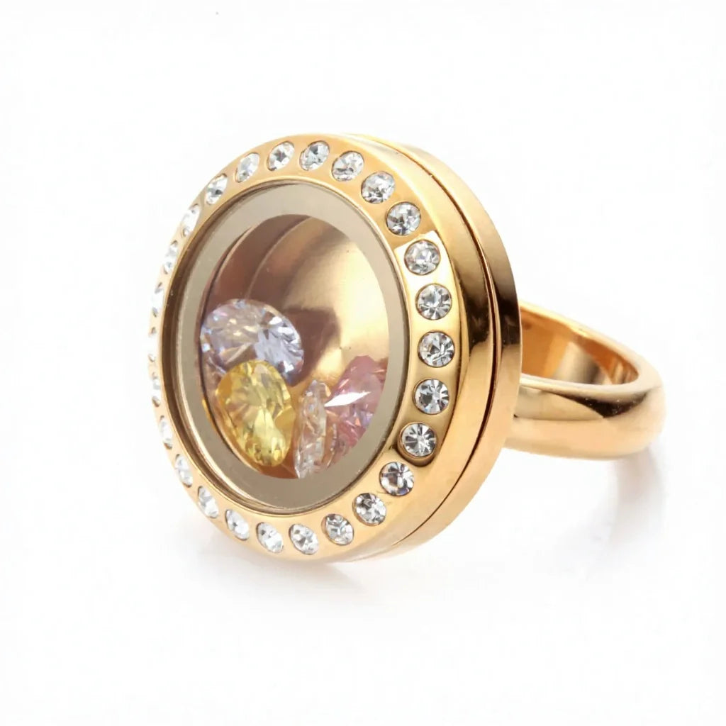Real U Jewelry Custom Jewelry Ring Wholesale Stainless Steel Open Floating Charm Locket Ring with Crystal HolidayJewelry Gifts
