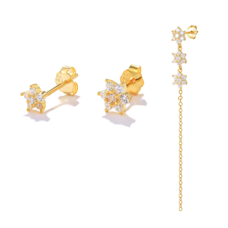 ROXI INS Style S925 Sterling Silver Fashion Simple 3pcs/set Snowflake Flowers Stud Earrings