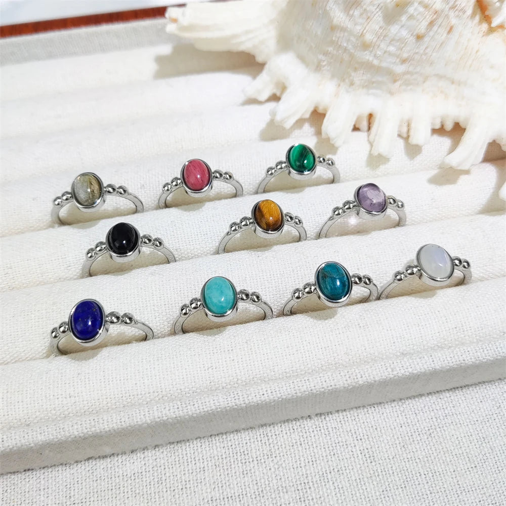 Ins Style Natural Oval Gemstone Jewelry Healing Crystal Ring Rhodonite Malachite Silver Rings for Women Wedding Engagement Gift