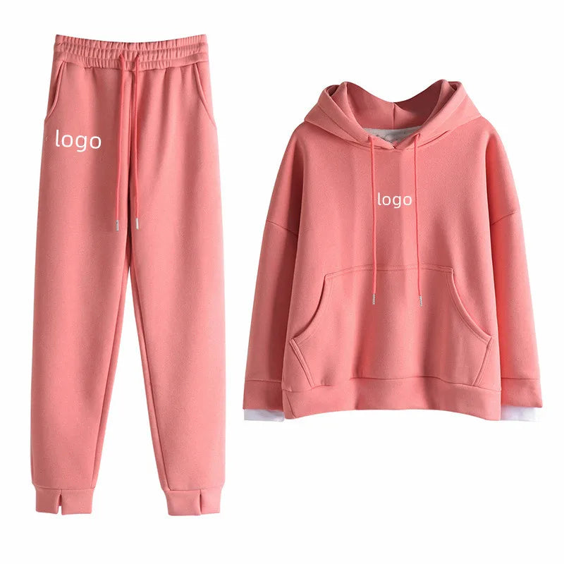 Custom Logo Wholesale Cotton Long Sleeve Winter Womens Used 2 Piece Jogger Cropped Sweatshirt Sweatpants Hoodies and Pants Set