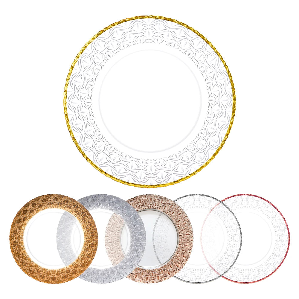 Eco-Friendly Silver Marble Textured Glass Plate with Gold Rim Wholesale Charger Plate for Wedding Parties and Restaurants