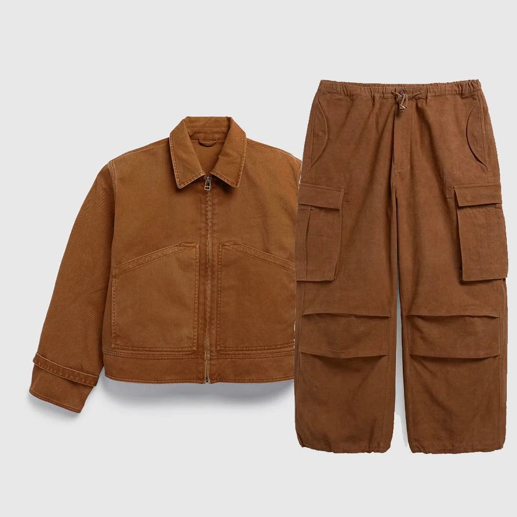 Men's Tactical Windbreaker Jacket Set | Boxy Crop Workwear Shirt and Pants | Casual Woven Breathable Office Wear
