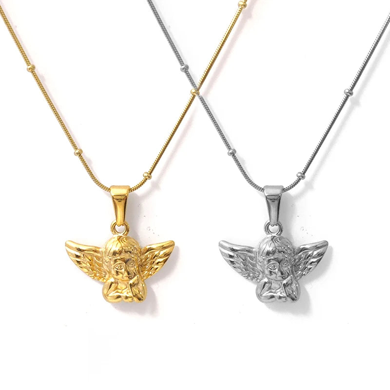 Women's Waterproof 18K Gold Plated Stainless Steel Angel Pendant Necklace Fashion Jewelry Bead Chain for Gift
